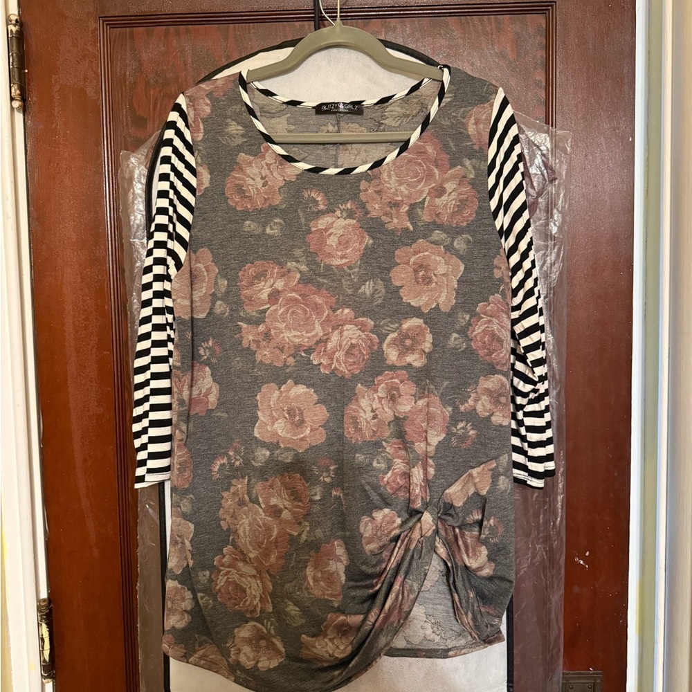 Elegant Floral and Striped Women's Blouse